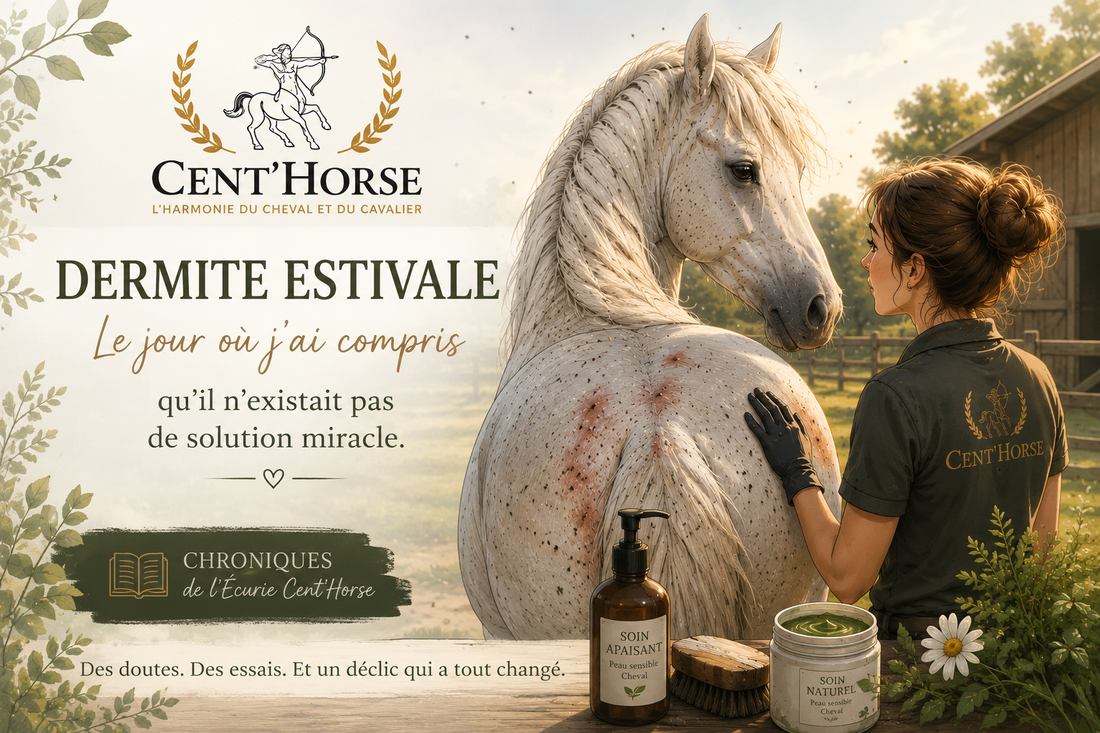 Cheval en prairie été — couverture anti-dermite, répulsifs et soins pour la dermite estivale